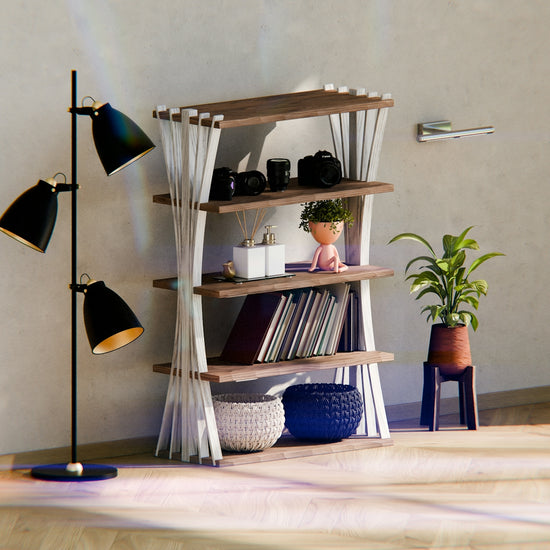 Modern bookshelf with decorative items and a floor lamp.