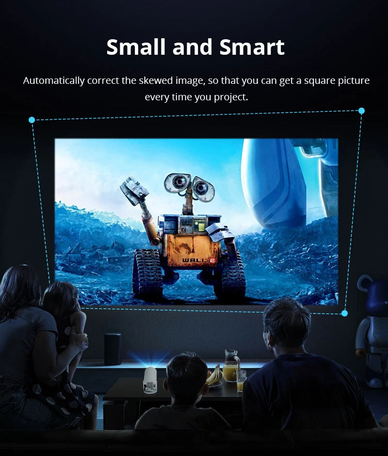 People watching a movie on a screen with a robot character, sitting in a dark room.