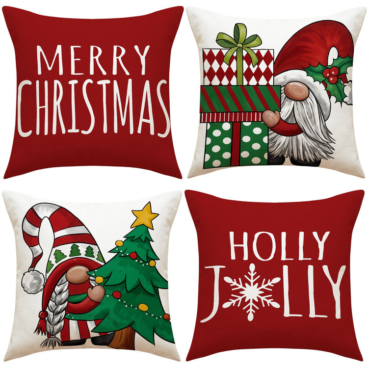 Set of four red Christmas throw pillow covers with holiday gnome designs and festive text