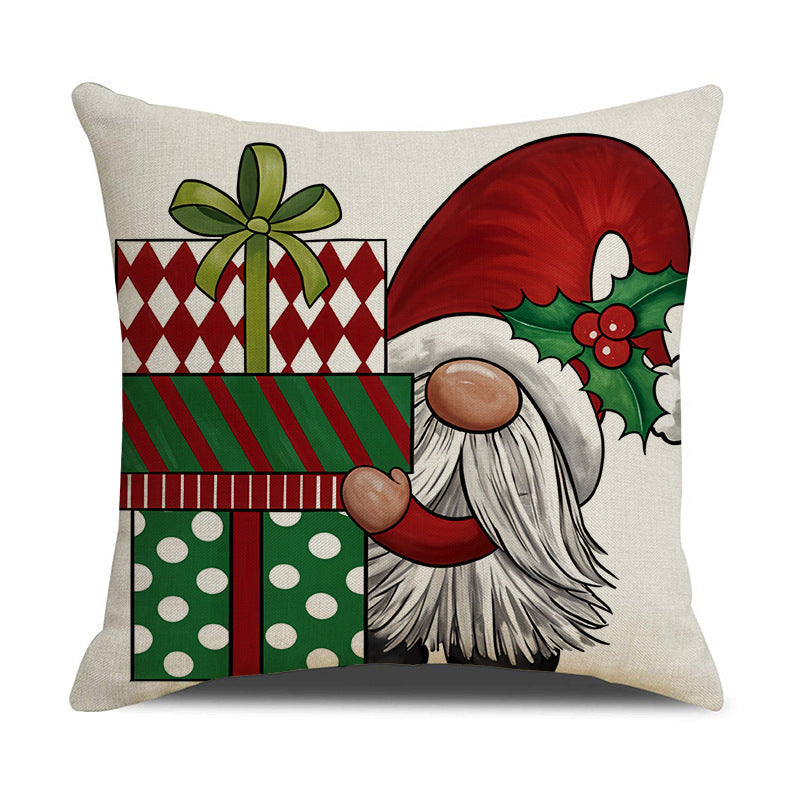 Red Christmas throw pillow covers with gnome holding green and red wrapped holiday gifts