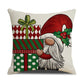 Red Christmas throw pillow covers with gnome holding green and red wrapped holiday gifts