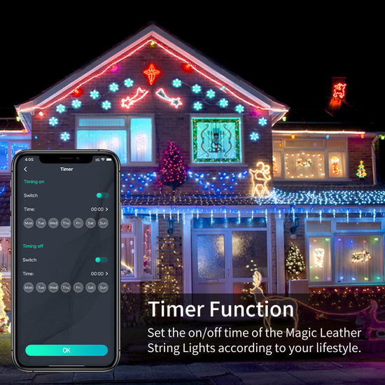 House decorated with remote control Christmas string lights showing timer function on smartphone app